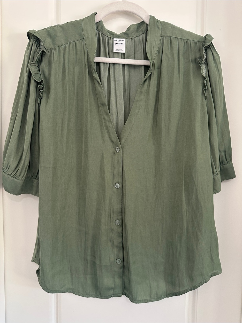 Melrose and Market Sage Green Ruffle-Shoulder Button-Down Blouse